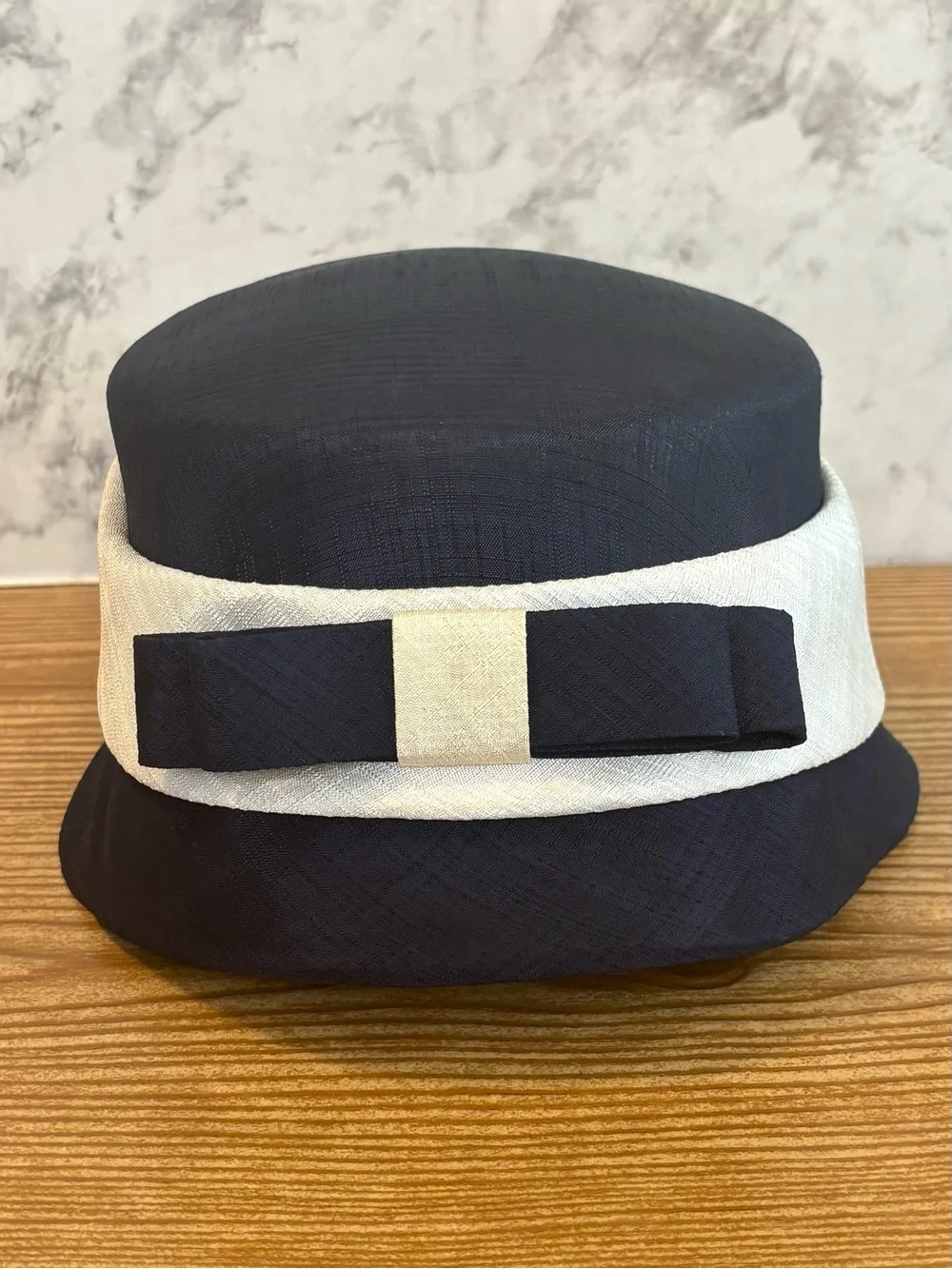 Vintage 60s Navy Blue Fabric Cloche Bucket Hat Off White Ribbon Bow Accent - Picture 2 of 10